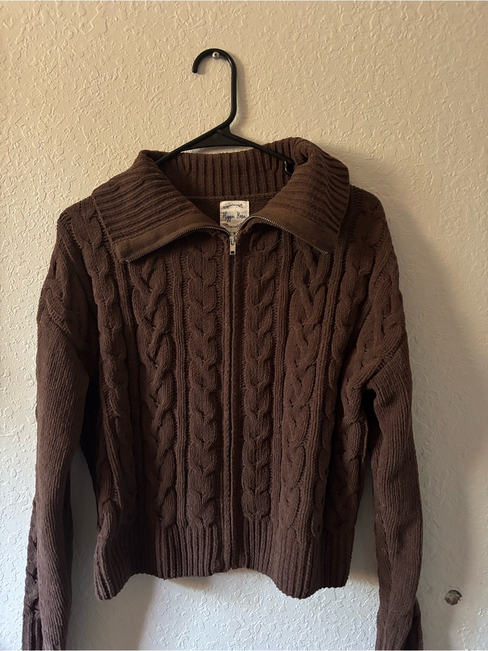 Hippie Rose Brown Cable-Knit Full Zip Sweater